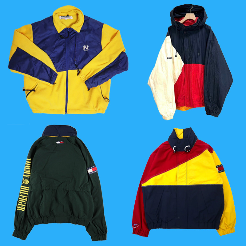 Picture of four colourful windbreakers and jackets from the 90s.