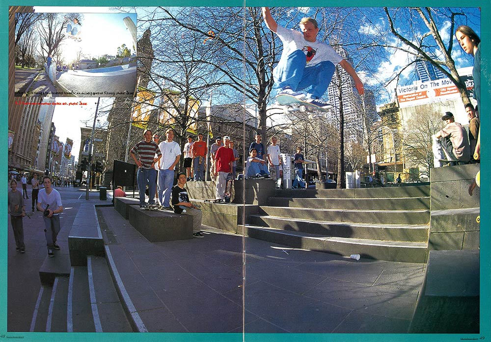 Photo of Adrian Mueller doing a huge ollie over two
    sets of stairs as a group of skaters look on.