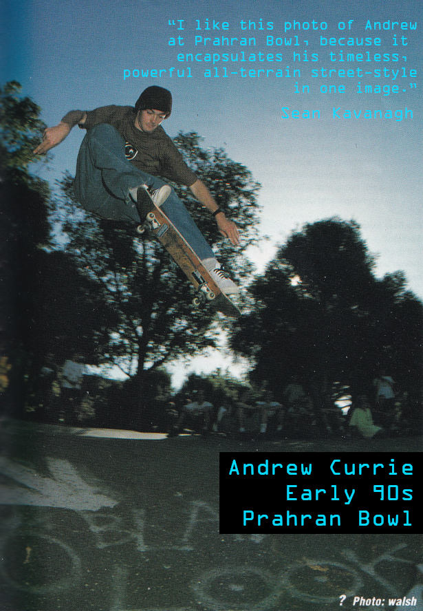 Image of Andrew Currie doing a very high Ollie - 4 to 5ft in the air over the hip at Prahran Bowl.
    There is a small crowd of skaters sitting in the background watching. Andrew is wearing a beanie style hat and baggy extra-large jeans.