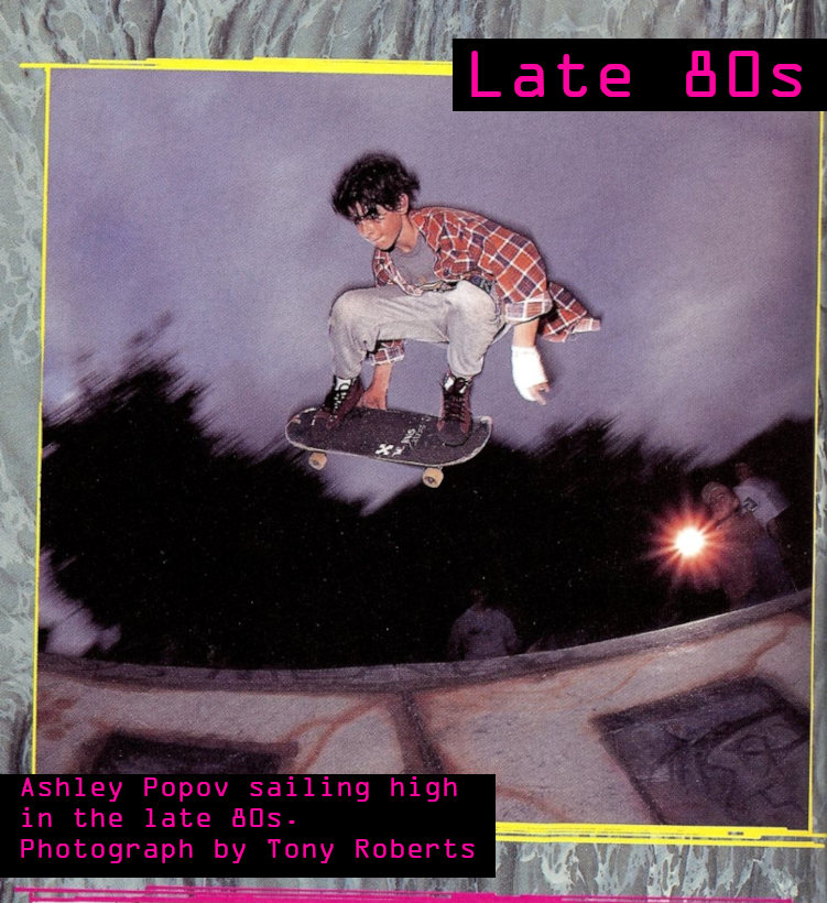 Photo of Ashley Popov from the 1980s doing an Ollie Grab above the edge of Prahran Bowl.
      It is almost night and somebody is holding a bright flash to assist the photographer next to the bowl.
