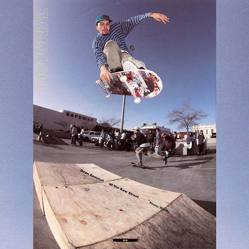Photograph of Dean Sammut doing a huge Ollie Indy Grab over a platform ramp.