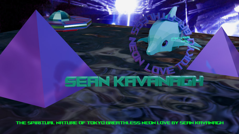A cosmic looking water world environment featuring a dolphin, pyramids and a flying saucer moving through space.
    Again the image has the title of the of the novel and author. It also reads 'The Spiritual Nature of TOKYO BREATHLESS NEON LOVE' at the bottom of the artwork in bright green.