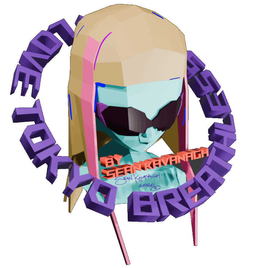 A 3D Artwork by Sean Kavanagh of a Gyaru Style character wearing oversized sunglasses. 
    She has long blonde hair and looks introspective. The artwork is signed by Sean and surrounded by 3D text in a circle.