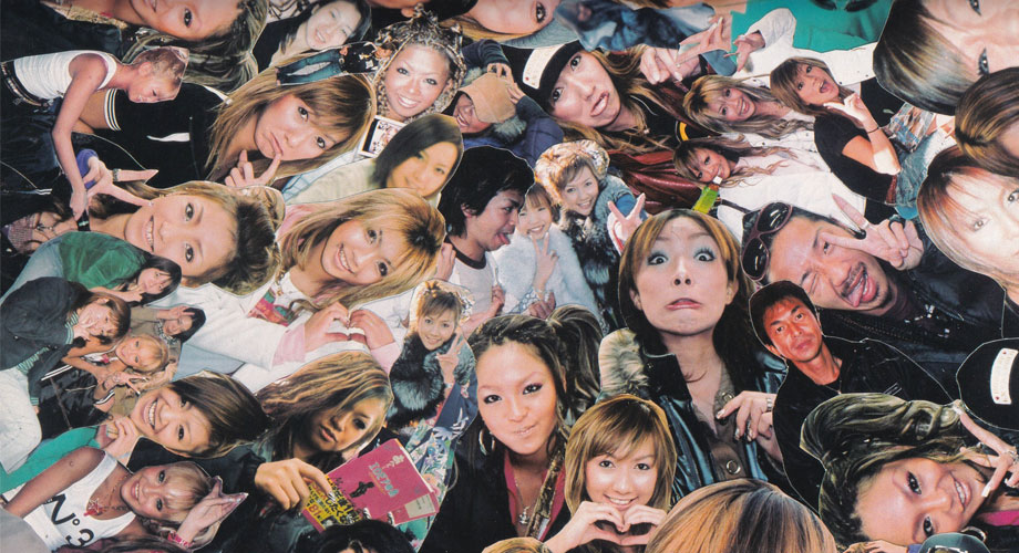 Collage of many faces of Shibuya Gyaru... Smiling, laughing and having fun. 
            Mixed with flowers and vintage technology eg. Japanese Mobile Phones.