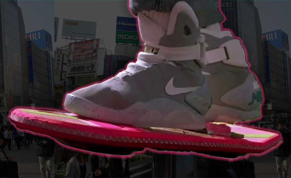 Image of a person riding a hoverboard wearing Nike high-top sneakers
                    in Shibuya.