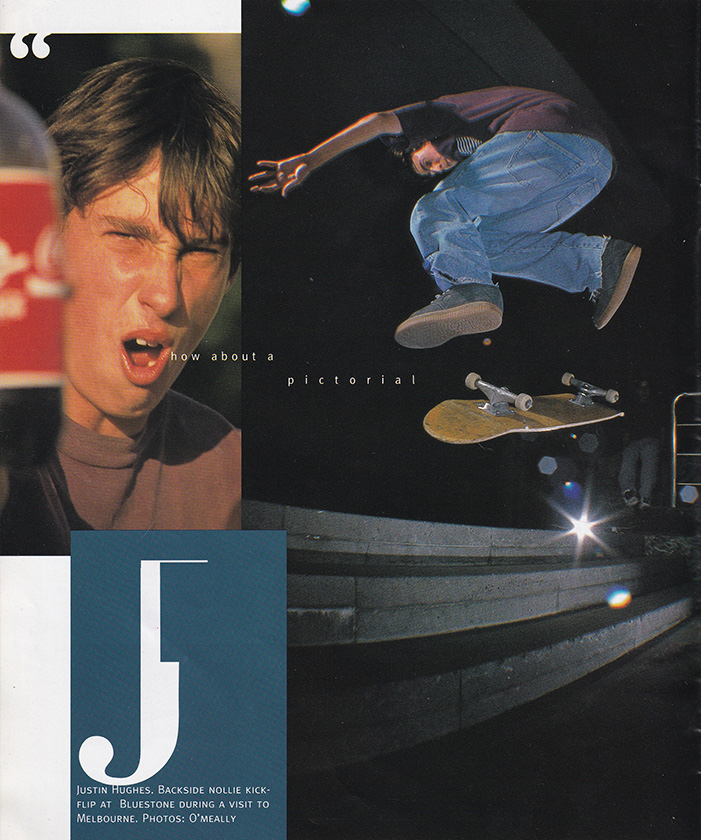 Image from Slam Magaazine of Justin Hughes turning mid flight doing a nollie flip.