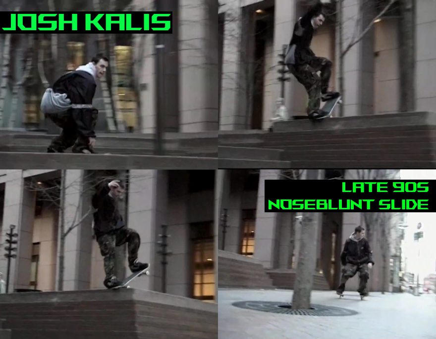 A sequence of Josh Kalis performing a noseblunt slide on a block down a set of stairs.