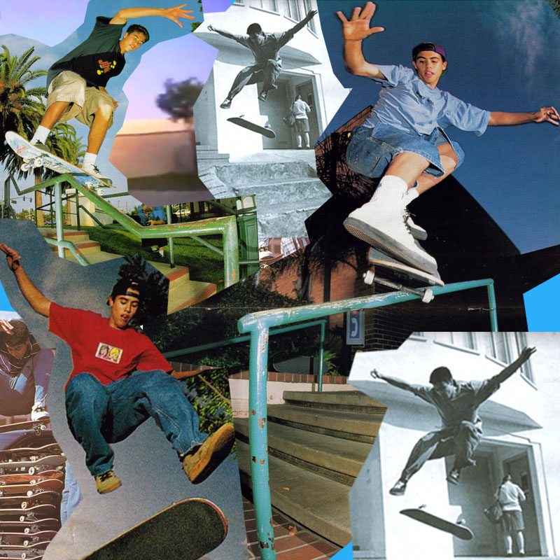Collage of photos of Eric Koston doing skateboard tricks ie. Boardslides, 
            Backside Lipslides & Tre Flips on different terrains.
