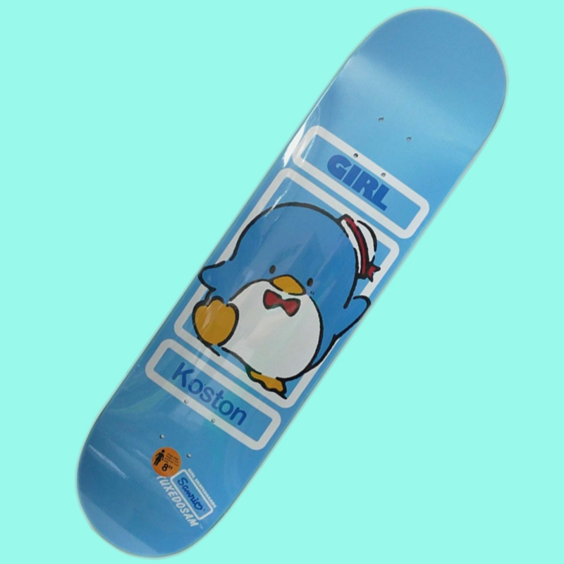 Picture of an Eric Koston Skateboard Deck by Girl Slateboards.
        The board has a cute Japanese style cartoon character of a penguin waving. The penguin is wearing a bowtie and hat.