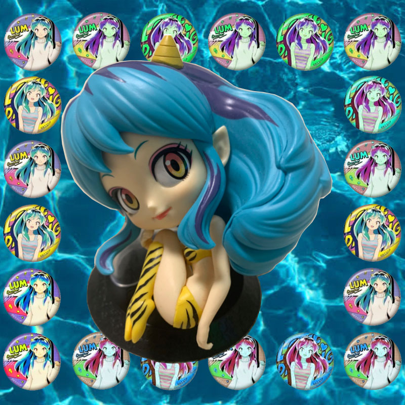 Collage featuring the manga character Lum Chan aka The Invader Girl. The foreground features an action figure of 
            Lum Chan with blue and purple hair. The background is filled with water and the character is surrounded by mini circular badges with cartoon images of Lum Chan.
            