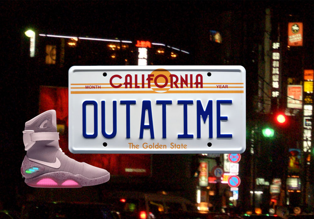 Collage of the Tokyo Nightscape with a Nike Air Mag Shoe a car registration plate reading 'OUTATIME'
    on top of the city background.
