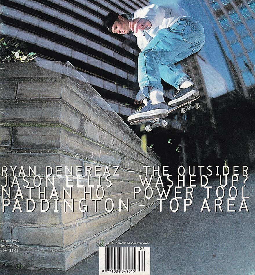 Image from 1994 of Ryan doing a nollie frontside noseslide at Block City.
                    He is wearing a baseball cap turned backwards