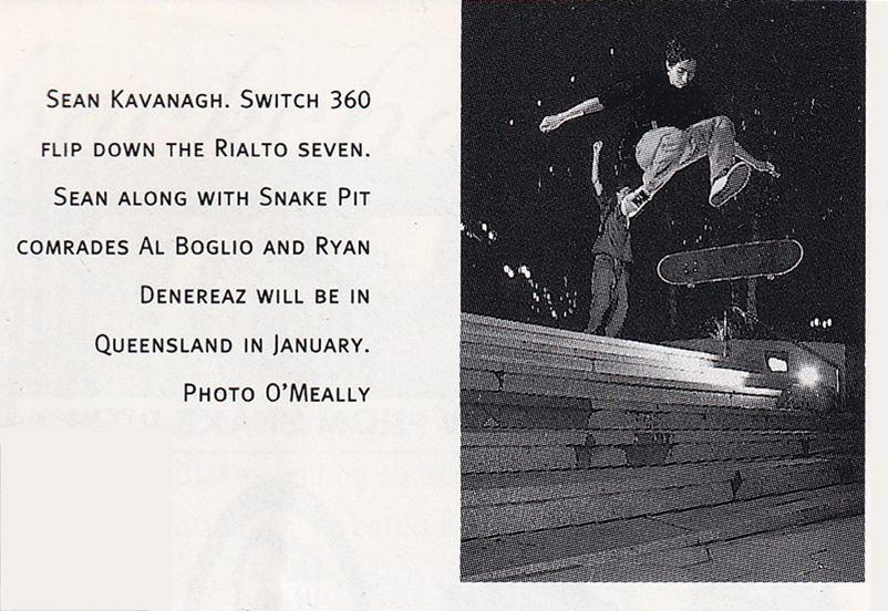 Image of Sean Kavanagh doing a switch tre flip off seven stairs in 1993.