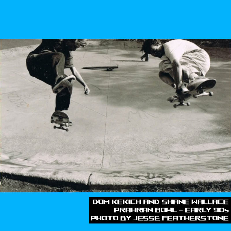 Classic black and white photo of two skaters doing a kickflip and ollie grab simultaneously in Prahran Bowl.