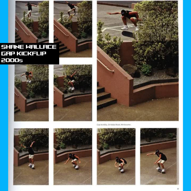 Sequence of photos of Shane doing a big kickflip over a big gap next to a set of stairs.