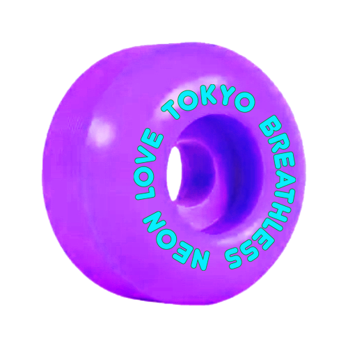 A Purple and Aqua TOKYO BREATHLESS NEON LOVE skateboard wheel.