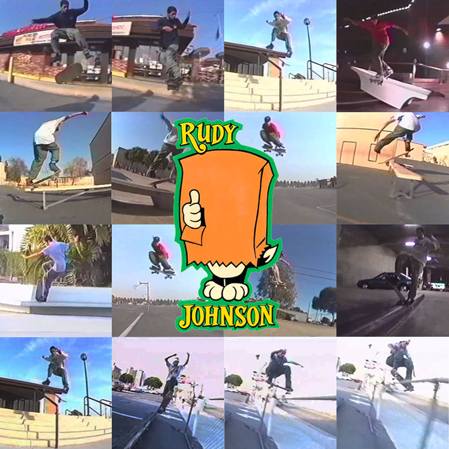 Collage of images of Rudy Johnson performing various tricks
            from Video Days. There is also a skateboard graphic in the center of the collage. A cartoon style drawing of a cat hiding - from one of
            Rudy's vintage skateboards.